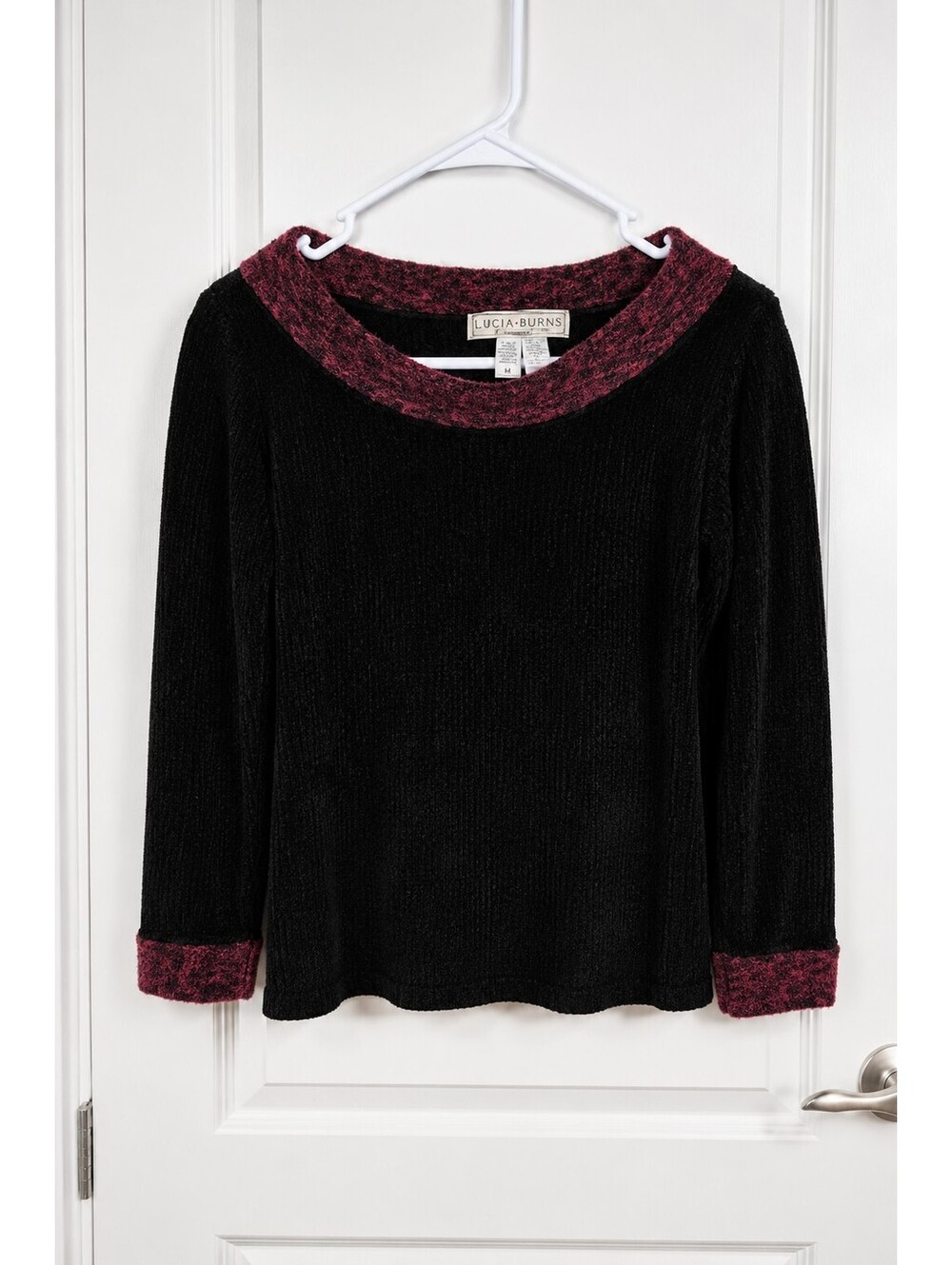 Vintage Lucia Burns Black Chenille Sweater Mohair Wool Trim Medium